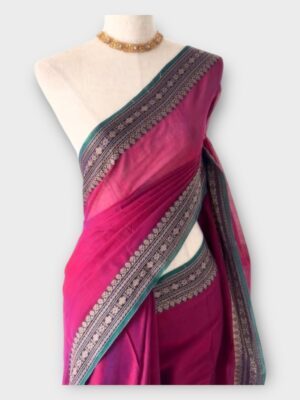 Pure Mercerised Cotton Narayanpeth Kaju Border Saree with Stripe Pallu