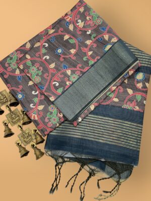 Elegant Soft Tussar Silk Saree with Contrasting Blouse & Tassel Detailing