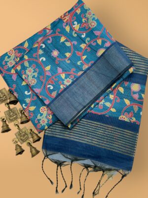 Soft Tussar Silk Saree with Tassels & Contrast Print Blouse