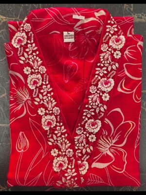 Floral Printed Cotton Kurti Set with Dupatta & Pant V Neck Three Quarter Sleeve