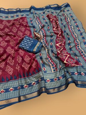 Semi Mul Mul Cotton Casual Saree with Rich Printed Pallu & Contrast Blouse