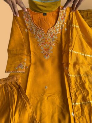 Embroidered Silk Kurti Set with Dupatta & Pant – Full Sleeves