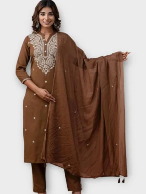 Floral Embroidered Cotton Salwar Set with V Collar Neck