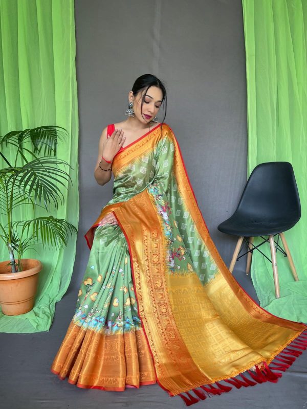 Pure Kanchipuram Digital Printed Saree with Kalamkari Traditional Indian Caricature Prints