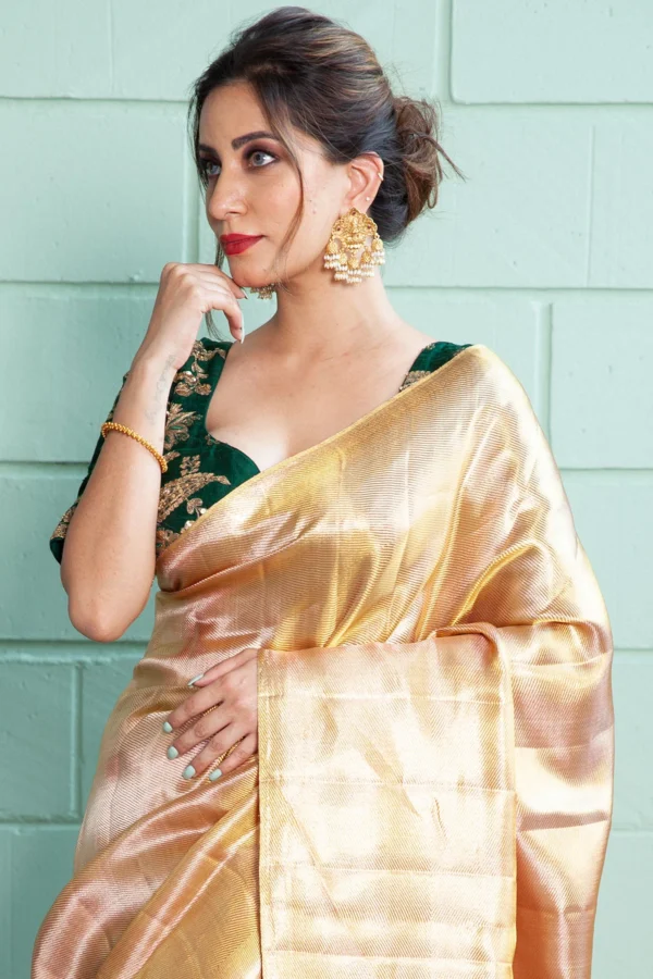 amber yellow kanchipuram tissue saree with gold zari border