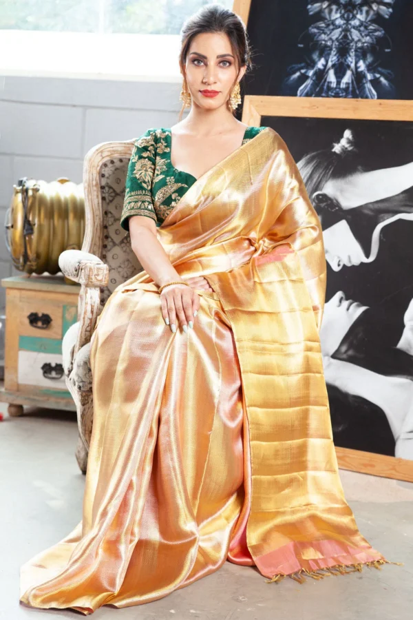 amber yellow kanchipuram tissue saree with gold zari border