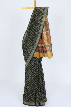 black chanderi saree with chevron design, ogee pattern, and contrast border