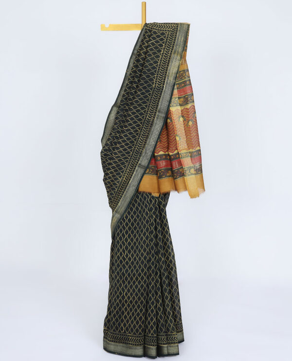 black chanderi saree with chevron design, ogee pattern, and contrast border