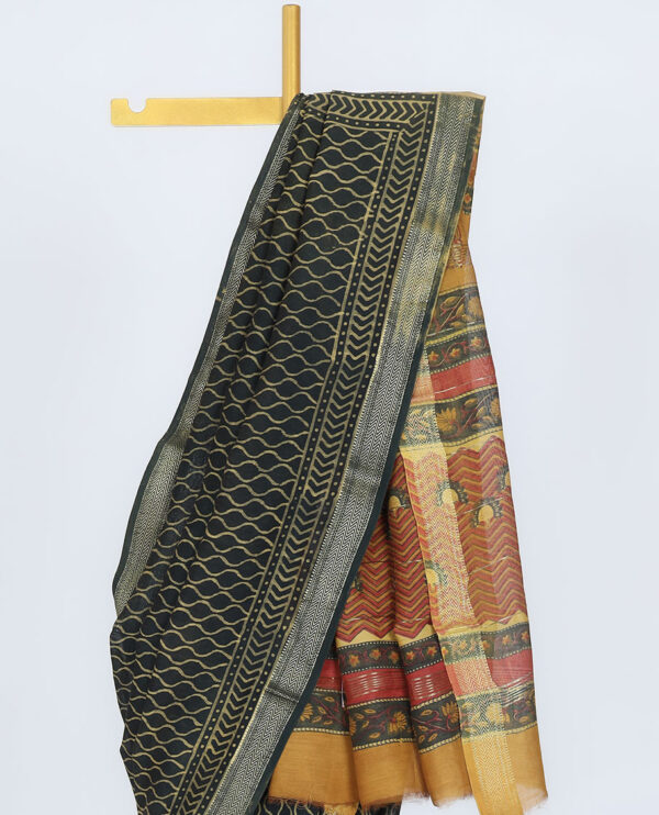 black chanderi saree with chevron design, ogee pattern, and contrast border