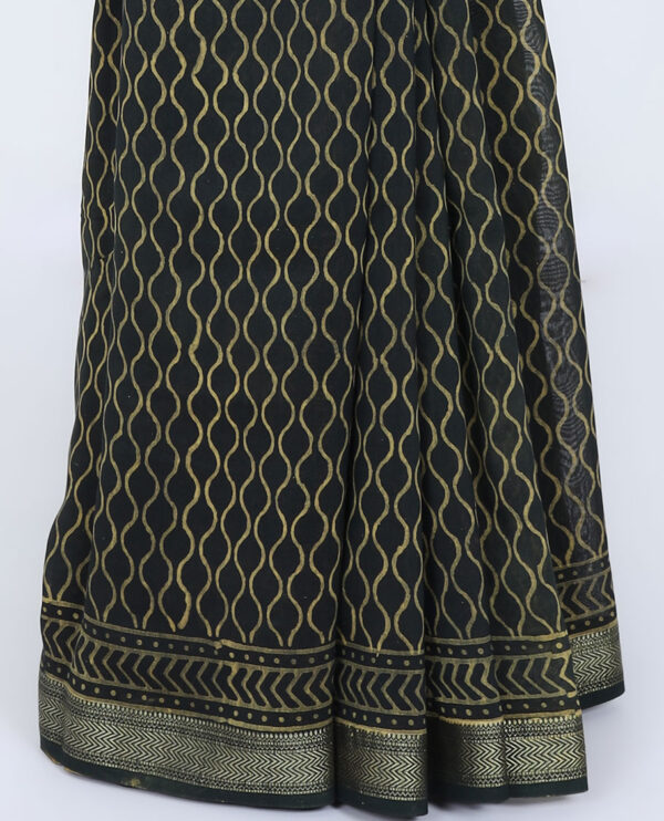 black chanderi saree with chevron design, ogee pattern, and contrast border