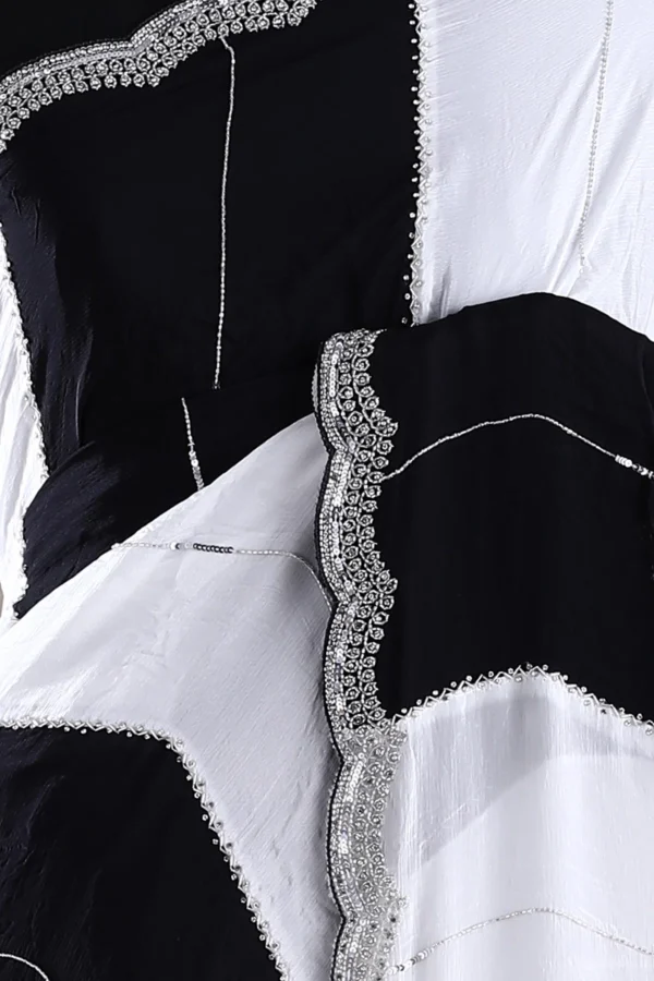 black & white crepe saree with stone and cutdana embroidery