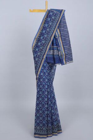 blue chanderi cotton saree with ikkat print and kantha embroidered border