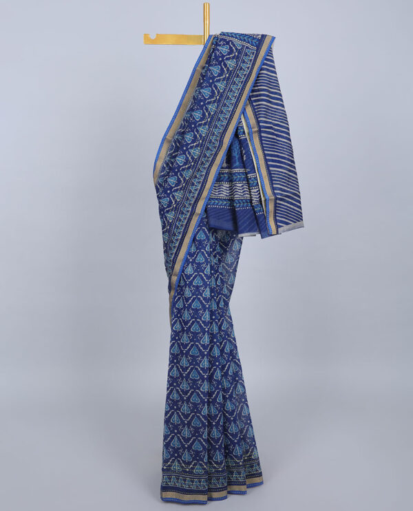 blue chanderi cotton saree with ikkat print and kantha embroidered border