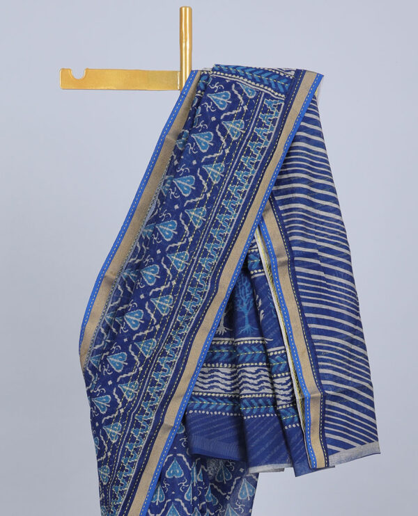 blue chanderi cotton saree with ikkat print and kantha embroidered border