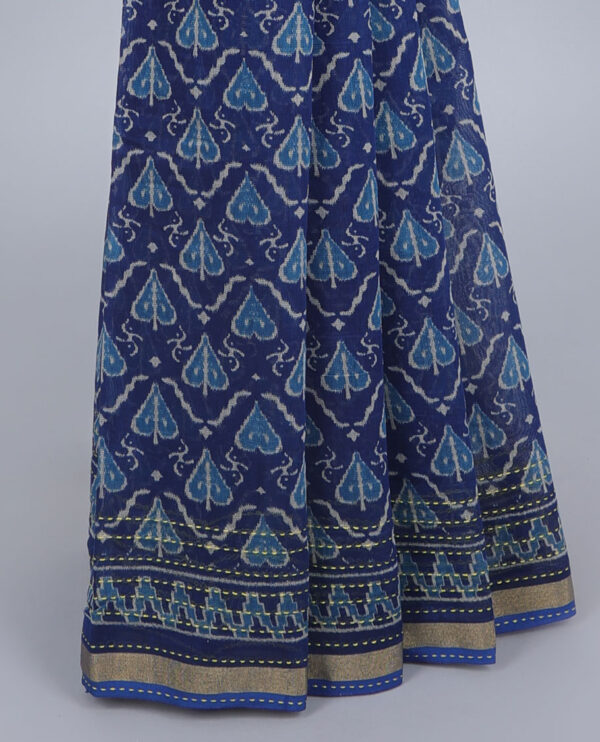 blue chanderi cotton saree with ikkat print and kantha embroidered border