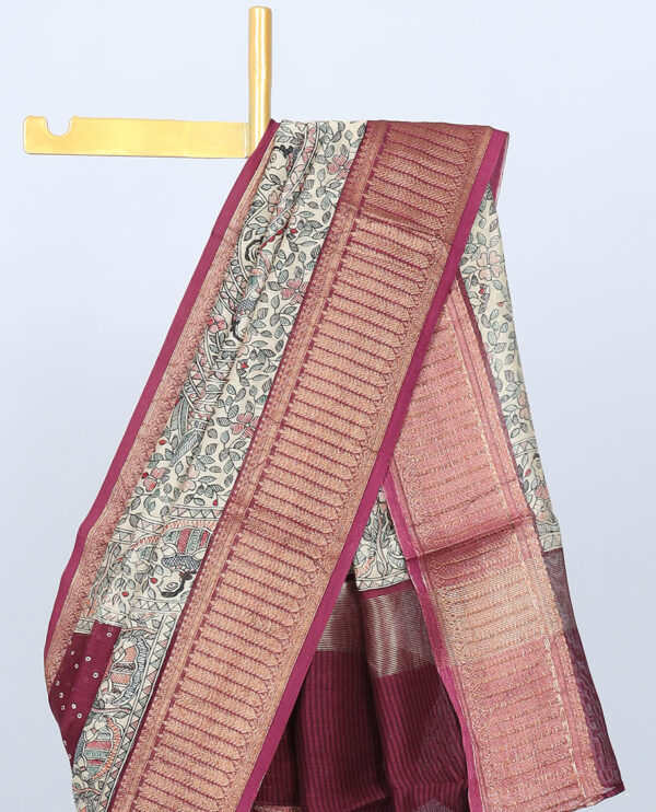 burgundy chanderi cotton saree with madhubani and bandhani dot print