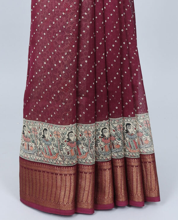 burgundy chanderi cotton saree with madhubani and bandhani dot print