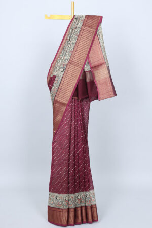 burgundy chanderi cotton saree with madhubani and bandhani dot print