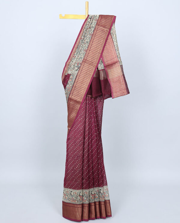 burgundy chanderi cotton saree with madhubani and bandhani dot print