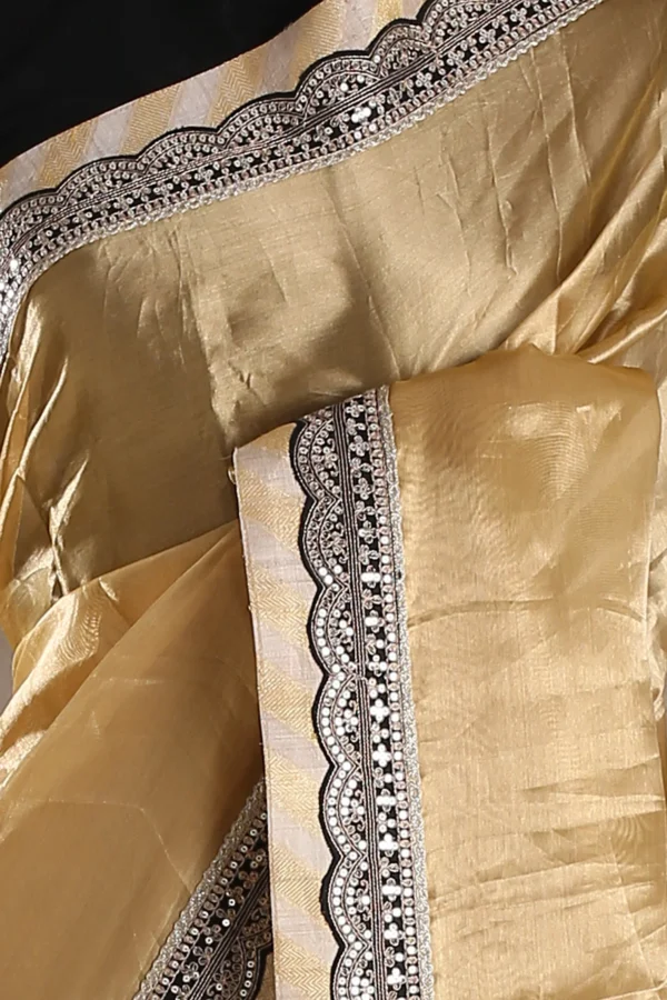 gold tissue organza saree with black & gold embroidered border