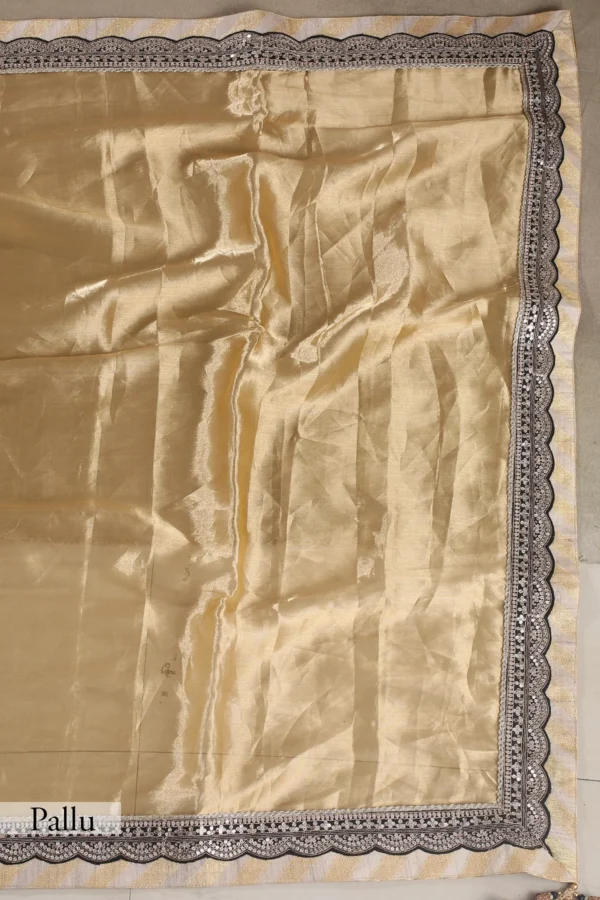 gold tissue organza saree with black & gold embroidered border