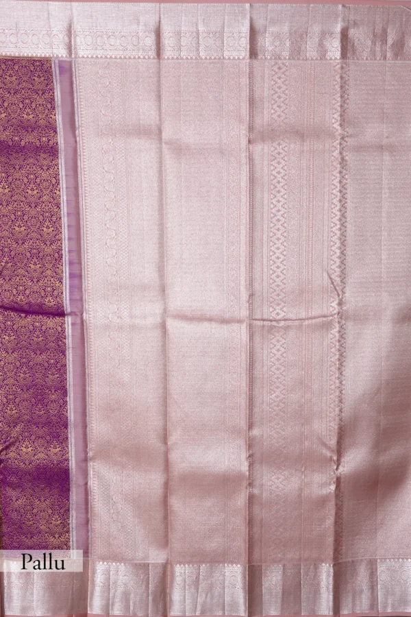 grape purple kanchipuram silk saree with pastel peach & silver zari woven border