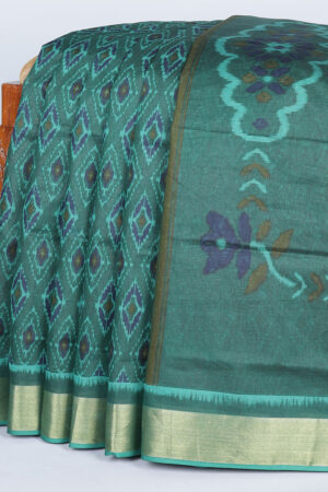 green chanderi cotton saree with ikkat print and argyle pallu