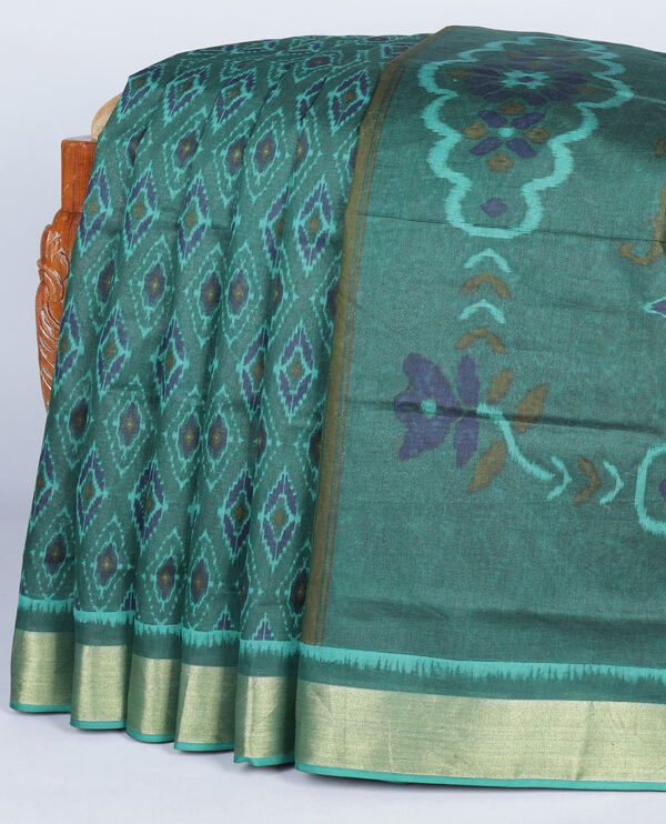 green chanderi cotton saree with ikkat print and argyle pallu