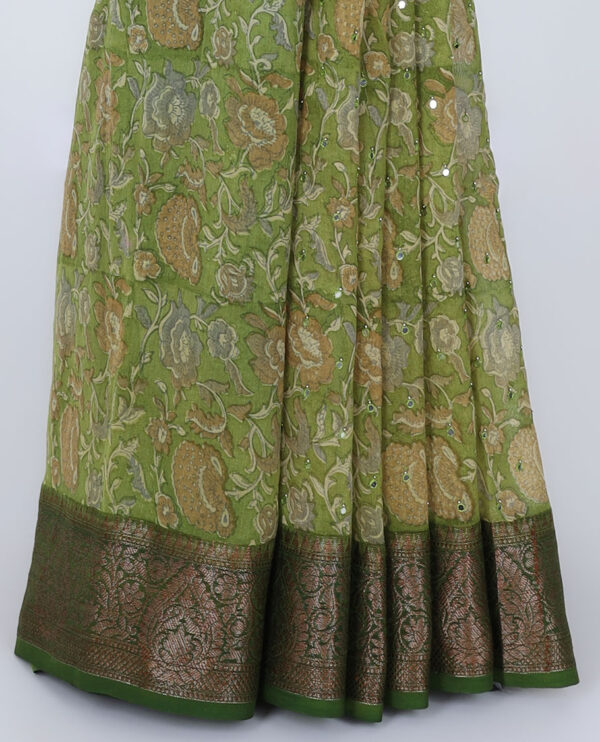 green chanderi saree with floral print, mirror embroidery, and contrast border