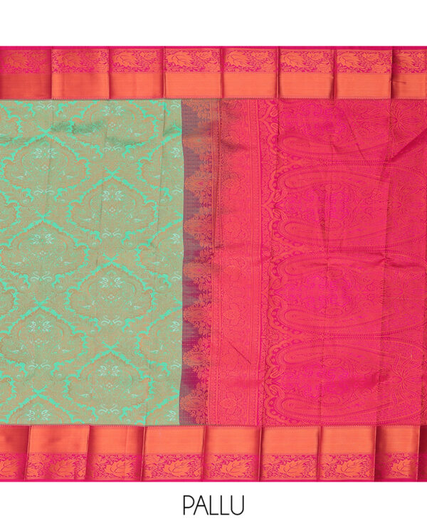 green jacquard cotton saree with traditional border and paisley pallu