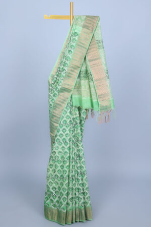 green printed chanderi cotton saree with floral buttas and diamond pattern border