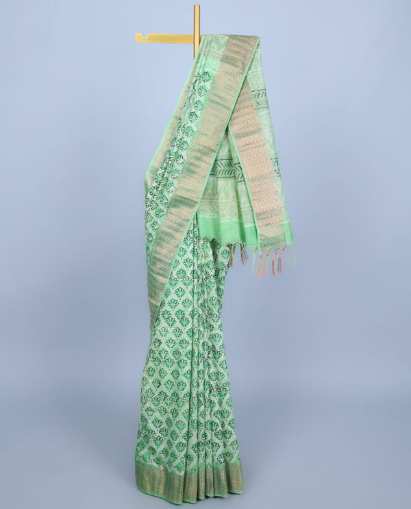 green printed chanderi cotton saree with floral buttas and diamond pattern border