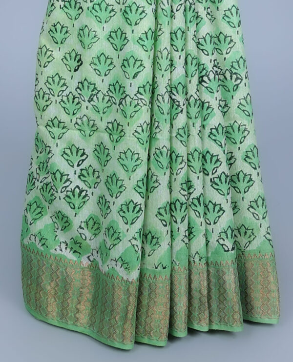 green printed chanderi cotton saree with floral buttas and diamond pattern border