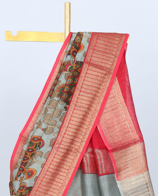 grey chanderi cotton saree with peacock kalamkari print and zari border