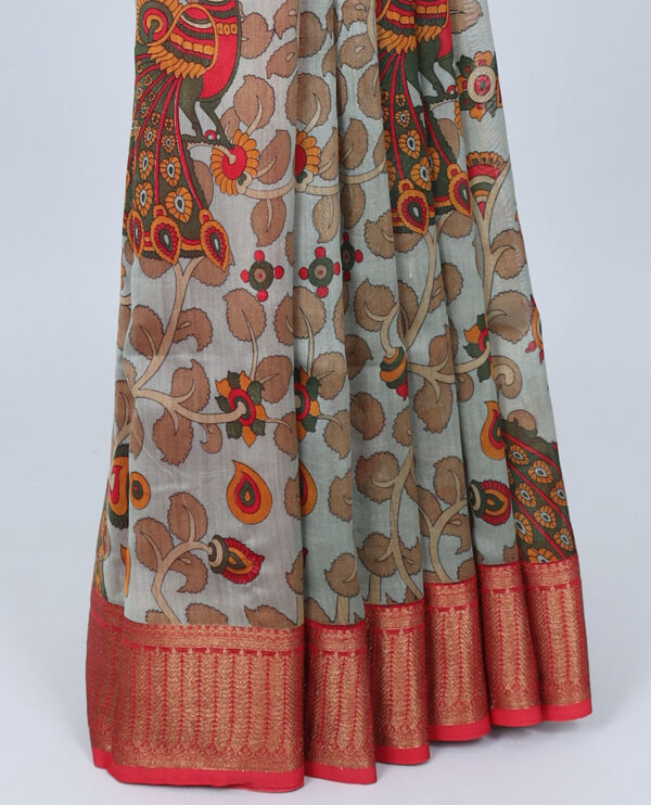 grey chanderi cotton saree with peacock kalamkari print and zari border