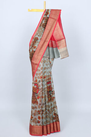 grey chanderi cotton saree with peacock kalamkari print and zari border