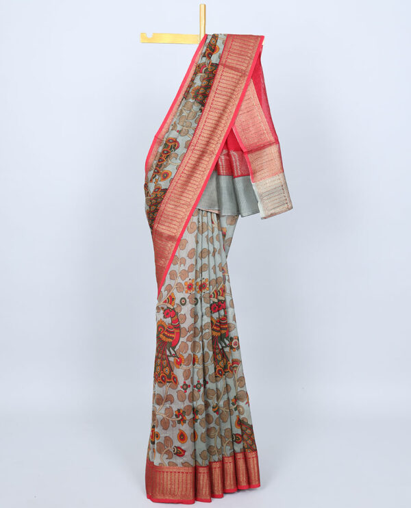 grey chanderi cotton saree with peacock kalamkari print and zari border