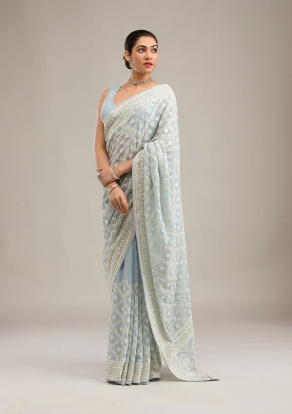 elegant grey georgette saree with intricate embroidery