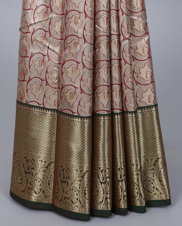 grey jacquard saree with contrast traditional border and jaal pallu