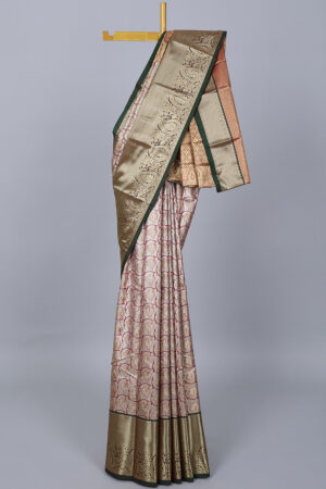 grey jacquard saree with contrast traditional border and jaal pallu