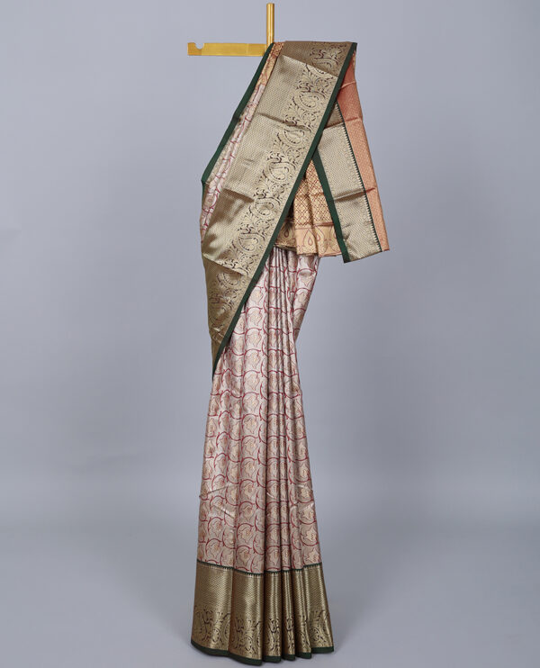 grey jacquard saree with contrast traditional border and jaal pallu