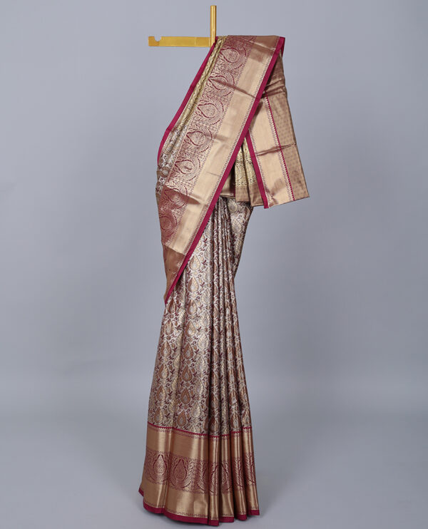 grey jacquard saree with contrast traditional border and intricate pallu