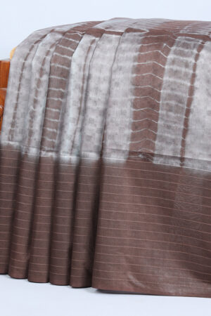 grey linen cotton shibori printed bhagalpuri saree with contrast striped border