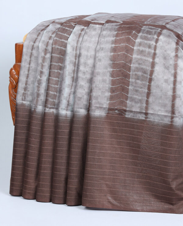 grey linen cotton shibori printed bhagalpuri saree with contrast striped border