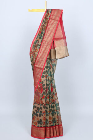 kalamkari chanderi cotton saree with peacock design and zari border in beige