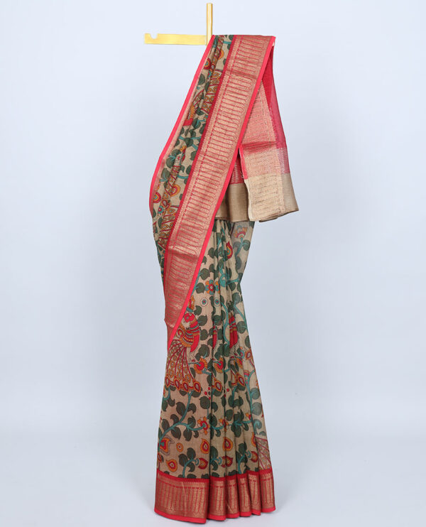 kalamkari chanderi cotton saree with peacock design and zari border in beige