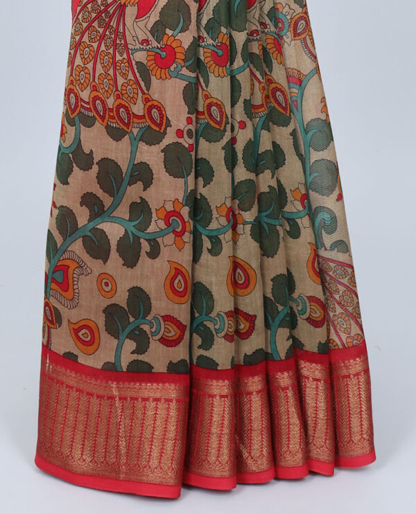 kalamkari chanderi cotton saree with peacock design and zari border in beige