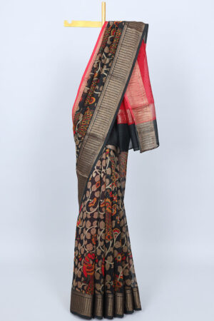 kalamkari chanderi cotton saree with peacock design and zari border in black