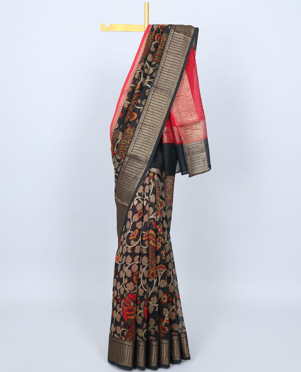 kalamkari chanderi cotton saree with peacock design and zari border in black