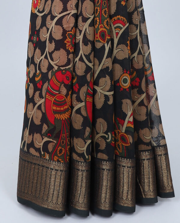 kalamkari chanderi cotton saree with peacock design and zari border in black